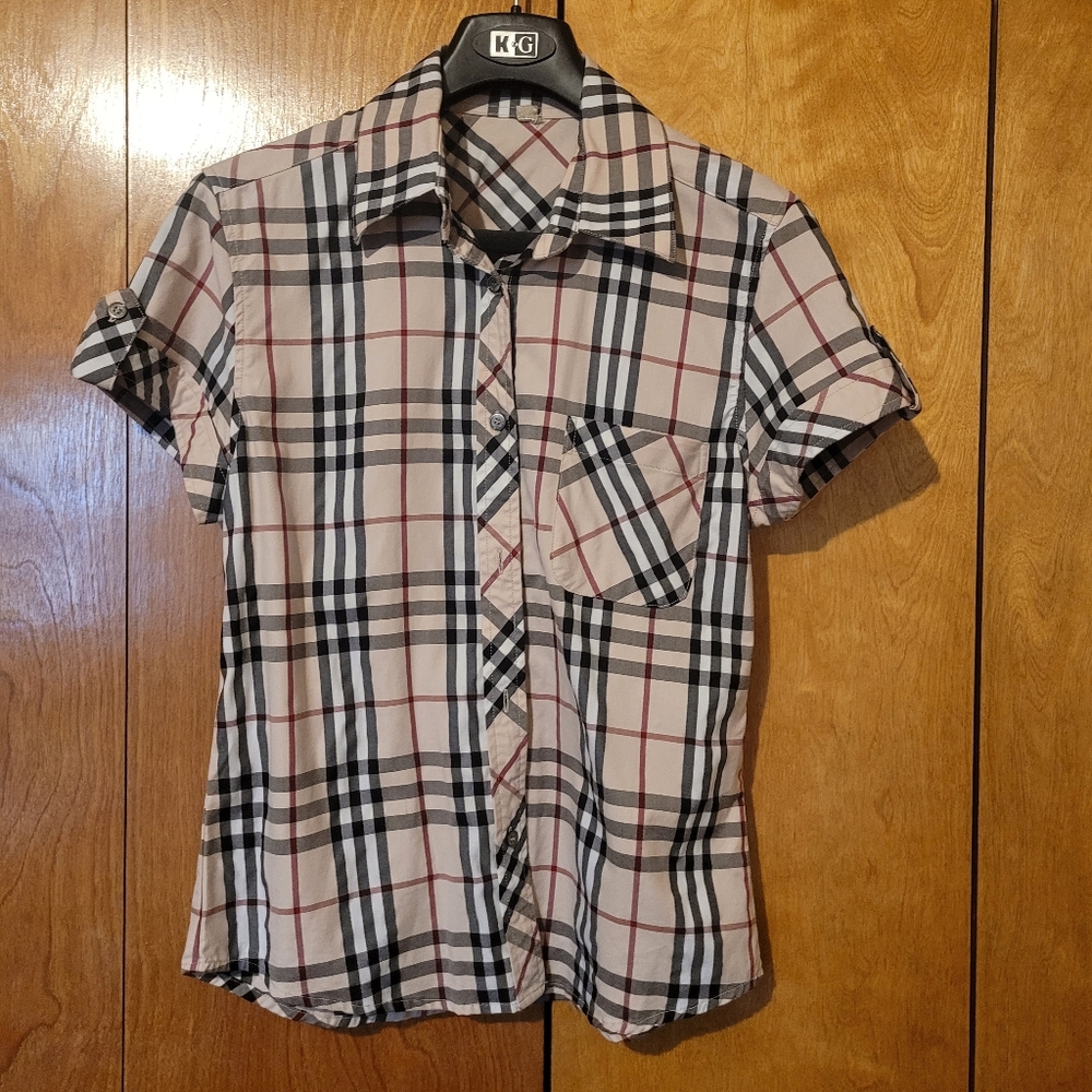 Burberry Beige, Black & Red Plaid Short Sleeve Button Down Shirt - Picture 6 of 15